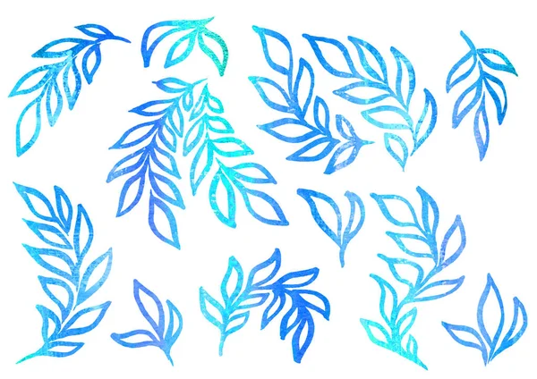 Akvarell uppsättning blommiga element i stil med linje konst på en vit bakgrund. blåa, gröna och turkosa blad — Stockfoto