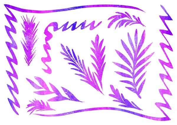 Akwarela Zestaw elementów kwiatowych do ram w stylu sztuki liniowej na białym tle. fioletowy, fioletowy i liliowy kolor liści — Zdjęcie stockowe