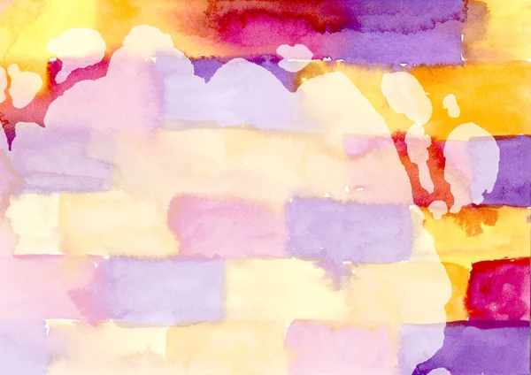 Pittura ad acquerello astratto sfondo multicolore. giallo, arancio, rosso e viola Macchie e schizzi di mattoni e pietra. Sfondo di Spot per imballaggio e web — Foto Stock