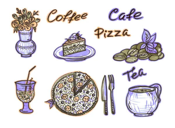 Встановіть фетрові елементи їжі в стилі лінійного мистецтва на білому тлі. Бежево-блакитний шматок весільного торта на фіолетовій тарілці, піца, ложка, виделка, кавові зерна, чашка чаю, квіти в — стокове фото