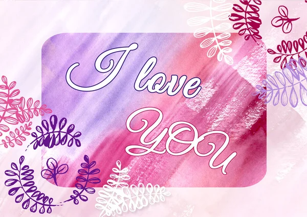 Frame met paarse en rode bladeren op aquarelverf abstracte achtergrond. Roze, witte en violette vlek textuur. Achtergrond van vlekken voor verpakking en web met brief I Love You — Stockfoto