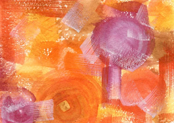 Acuarela pintura fondo abstracto. Mancha naranja, amarilla y violeta y textura de gota. Fondo de manchas para el embalaje y la web —  Fotos de Stock