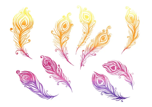 Acuarela Conjunto de elementos de plumas de aves en el estilo de arte de línea sobre un fondo blanco. Plumas púrpura, amarilla, naranja, rosa y violeta —  Fotos de Stock