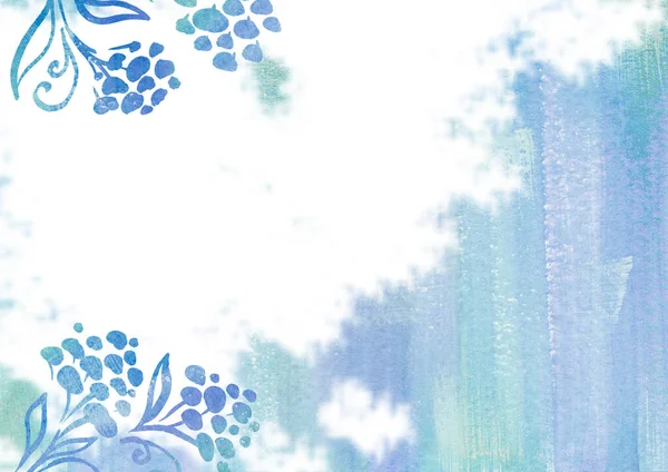水彩画上的蓝线艺术叶和花的抽象背景.浅绿色和青绿色斑点和下降纹理.包装和网页的背页 — 图库照片