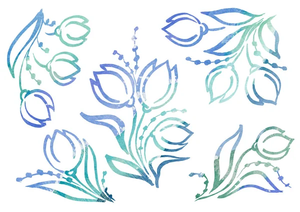 Akvarell Set of Floral elements in the style of line art on a white background. lila és türkiz tulipán és levél — Stock Fotó