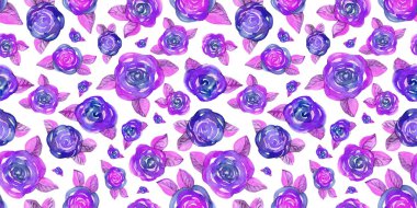 Multicolor Watercolor Seamless pattern branch violet and purple Rose Flower on white background. Isolated Flowers element with packaging clipart