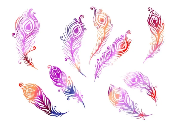 Aquarell Set aus Vogelfeder-Elementen im Stil der Linienkunst auf weißem Hintergrund. Lila, rote, orangefarbene, rosa und violette Federn — Stockfoto