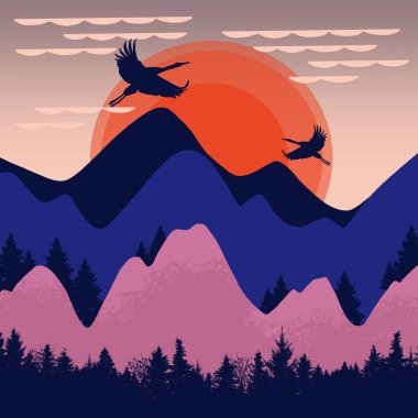 Square illustration colorful landscape with mountains,pines,dusk, sunset and flying birds cranes. Japanese haiku. clipart