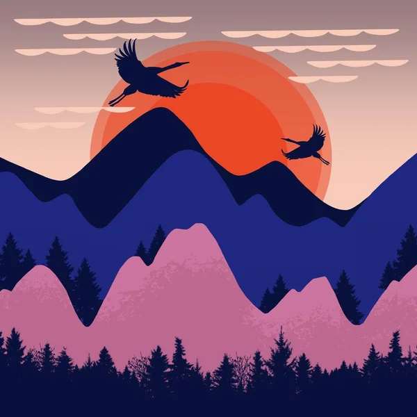 Ilustração Quadrada Paisagem Colorida Com Montanhas Pinheiros Crepúsculo Pôr Sol — Fotografia de Stock