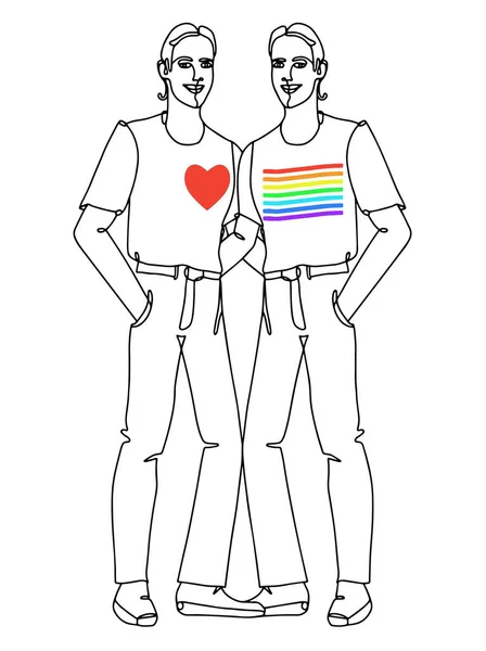 ゲイの男が2人 親密な関係愛の抱擁 受け入れるんだ 一本の手描き線画 白の背景に孤立したアウトライン最小限のスタイル プライド月間だ Lgbt — ストックベクタ
