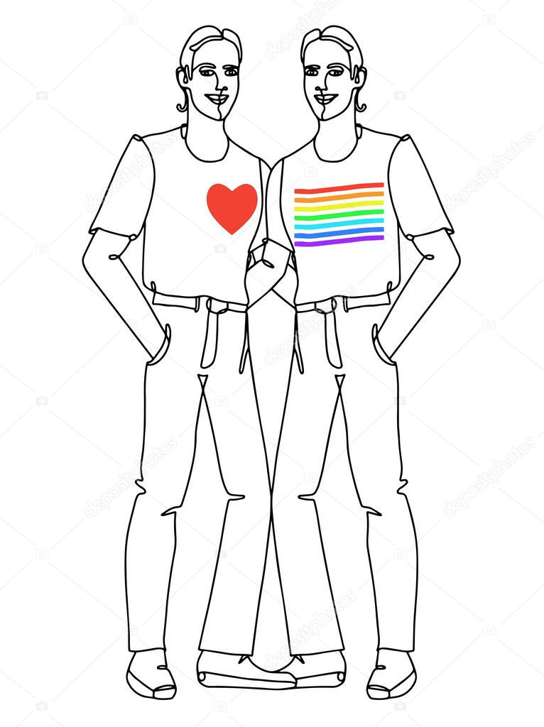 Two gay man. Close relationships,love hugs. Embrace. One continuous hand drawn line art. Isolated outline minimal style in white background. Pride month. LGBT.