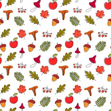 Kusursuz akçaağaç deseni, meşe yaprakları, mantar mantarları, bitkiler, meşe palamutları ve beyaz arka planda dağ külleri. Sonbahar orman yaprakları. Tekstil, kitap kapakları, grafikler, baskılar, duvar kağıtları, davetiyeler..