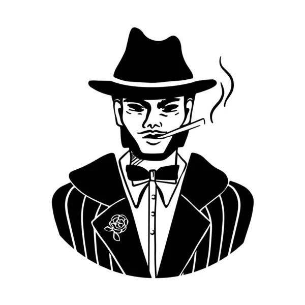 Чёрный Силуэт Шляпе Курящий Сигарету Мафиозный Стиль Носить Джентльмена Галстук — стоковый вектор