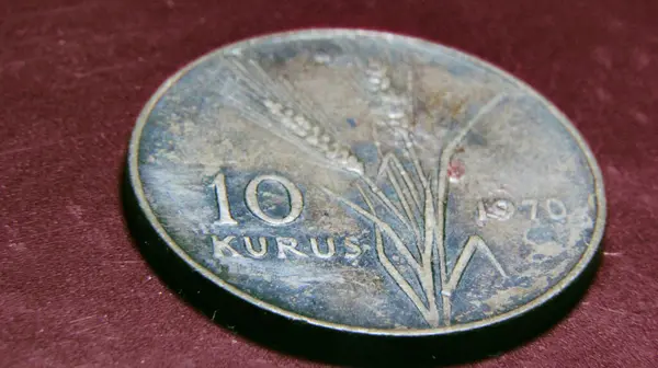 收集各国的旧金属硬币 10金牛座土耳其金币 — 图库照片
