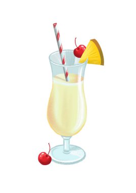 Yazın parlak pina colada kokteylinin çizimi. Kiraz ve ananas desenli.