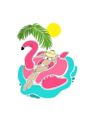 Havuzda pembe bir flamingoda güneşlenen şapkalı bir kızın tasviri parlak yaz renklerinde tek sıra sanat tarzında yapılmış.