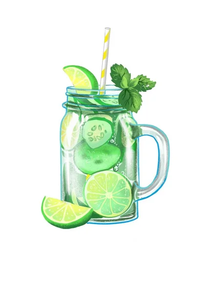 Cool Sommar Mojito Och Lemonad Cocktail Illustration Levande Färger Grön — Stockfoto