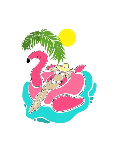 Illustration Girl Hat Sunbathing Pink Flamingo Pool Made One Line — Stock Photo, Image