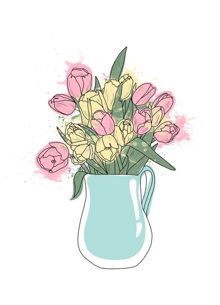 Illustratie Van Een Boeket Van Tulpen Een Kan Mooie Pastel — Stockfoto