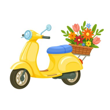 Mavi koltuklu ve arka sepeti renkli çiçeklerle dolu klasik sarı bir scooter 'ın vektör çizimi. Neşeli, retro tasarım moped çizimi