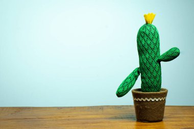Ahşap masa ve beyaz zemin üzerinde kumaş kaktüs