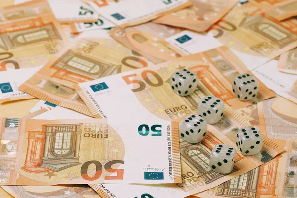 Six Dice Full Marks Background Euro Banknotes — Stock Photo, Image