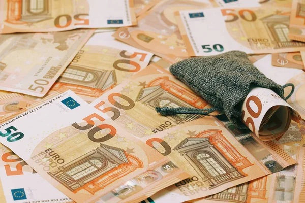 Bag Rolled Money Bottom Euro Banknotes — Stock Photo, Image