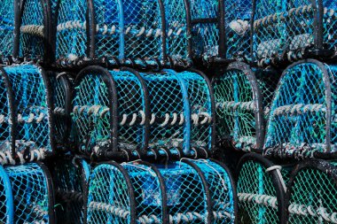 Istakoz avlamak için kafeslerin detayları. mavi doku