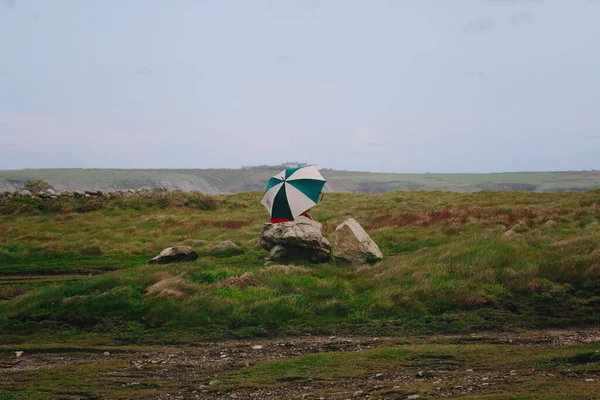 Vrouw Onder Paraplu Groene Natuur Bretagne Frankrijk — Stockfoto