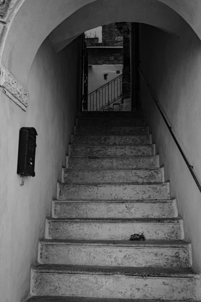 Detalhe Escada Casa Pollica Cilento Itália Fotos Preto Branco — Fotografia de Stock