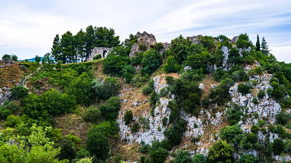 Vista Del Castillo Medieval Laviano Italia Con Árboles Bosques —  Fotos de Stock