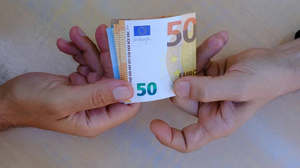 Men Hands Exchange Money Euro Banknotes — Stock Photo, Image