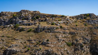 Matera 'nın tarihi merkezi, Sassi. Basilicata. İtalya. Eski bir parça. Matera 'nın Murgia Parkı