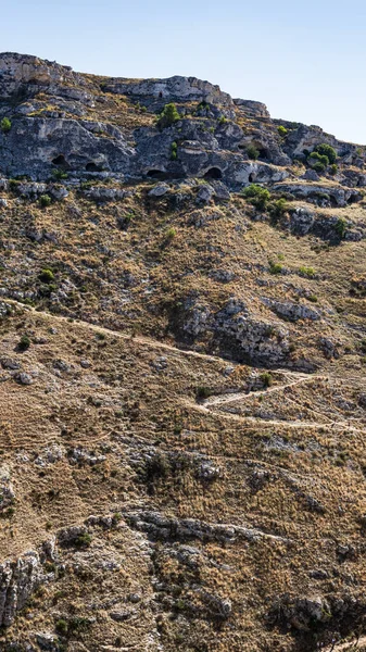 Widok Historyczne Centrum Matery Sassi Basilicata Włochy Część Starożytna Park — Zdjęcie stockowe