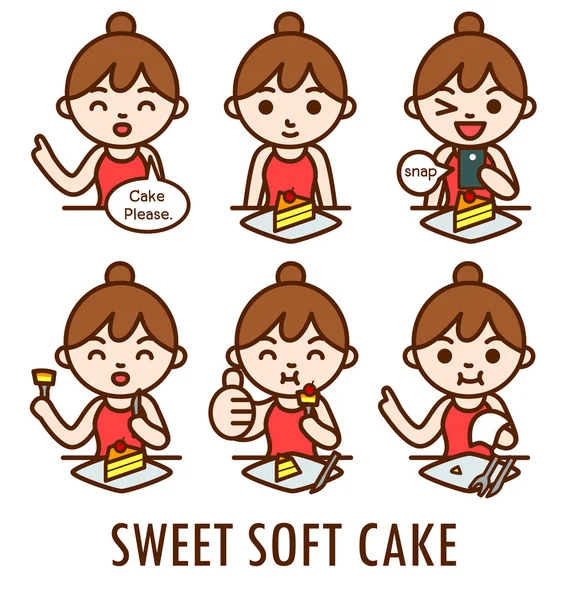 Femme manger gâteau en six étapes . — Image vectorielle
