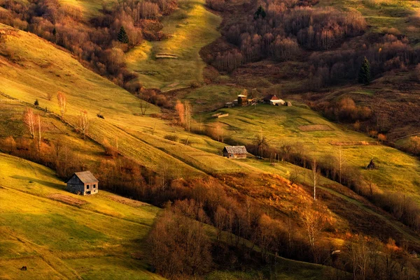 Un hermoso paisaje rural de otoño con casas solitarias, hermosas colinas y un caballo.Tarde de otoño.Los últimos rayos del sol caen en las laderas.Paisaje ondulado de los Cárpatos al atardecer en colores de otoño . — Foto de Stock