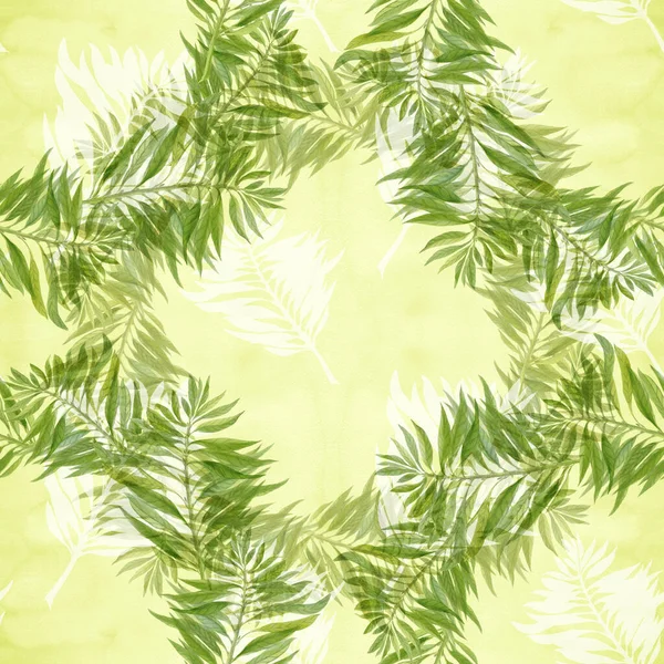 シームレスなパターン 水彩画の背景に葉のコラージュ エキゾチックな花 水彩画 装飾的な構成 印刷物 アイテム ウェブサイト 地図を使用する — ストック写真