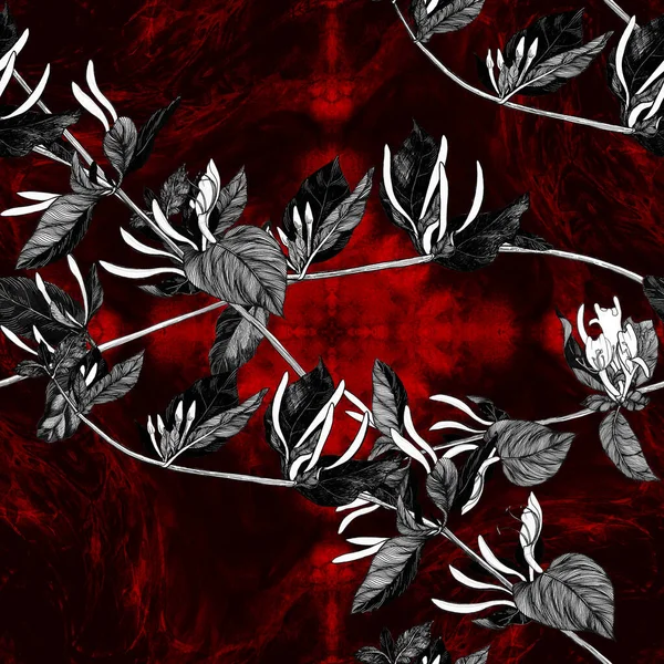 Mézeskalács Virágokkal Rügyekkel Kerti Virág Zökkenőmentes Minták Sötét Háttérrel Nyomtatott — Stock Fotó