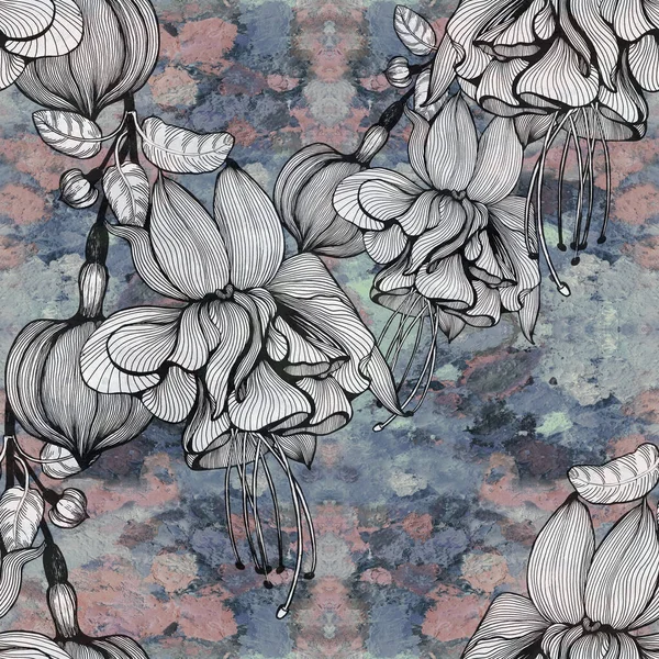Fuchsia Bloemen Knoppen Bladeren Grafische Kunst Decoratieve Compositie Een Aquarelachtergrond — Stockfoto