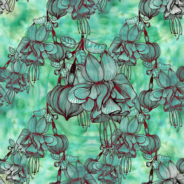 Fuchsia Çiçekleri Tomurcuklar Yapraklar Grafik Sanatları Suluboya Arka Planda Dekoratif — Stok fotoğraf