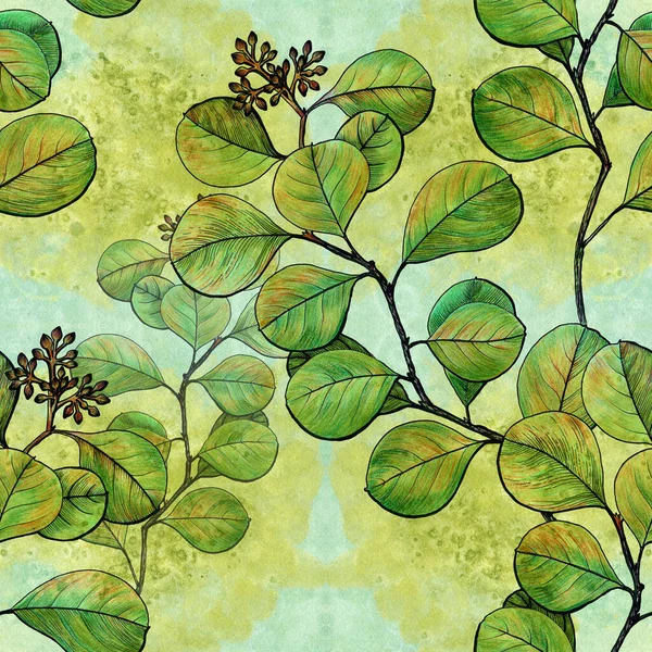 Yapraklar Suluboya Arka Planda Dekoratif Kompozisyon Çiçek Motifleri Kusursuz Desen — Stok fotoğraf