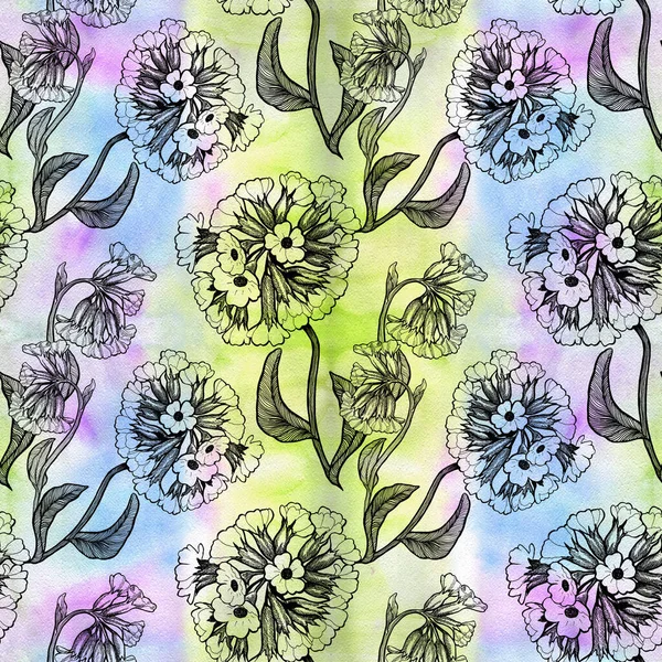 Bloemen Bladeren Van Primrose Decoratieve Compositie Een Aquarelachtergrond Naadloos Patroon — Stockfoto