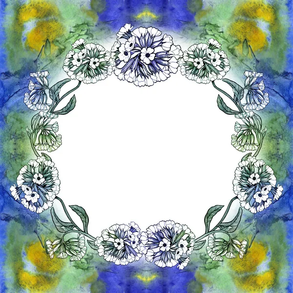 樱草的花朵和叶子 在水彩背景上装饰圆形框架 使用印刷材料 明信片 — 图库照片