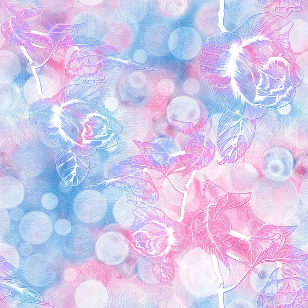 Camellia Tak Met Bloemen Decoratieve Compositie Een Aquarelachtergrond Naadloos Patroon — Stockfoto