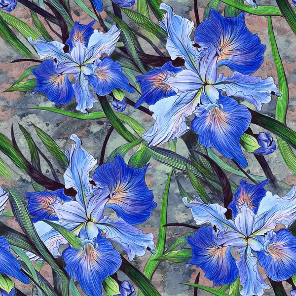 Irises Seamless Pattern Decorative Composition Flowers Buds Irises Background Watercolor — Stock Photo, Image