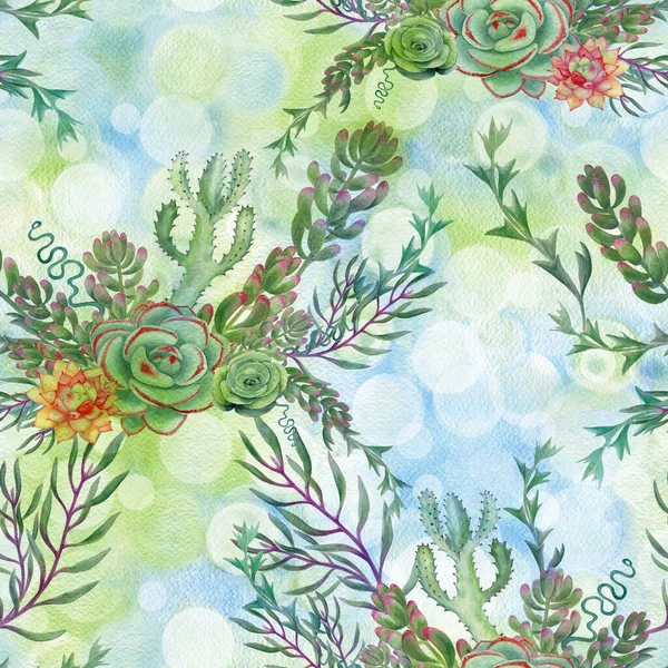 Succulents Decorative Composition Florarium Seamless Pattern Watercolor Graphics Wallpaper Use — Stockfoto