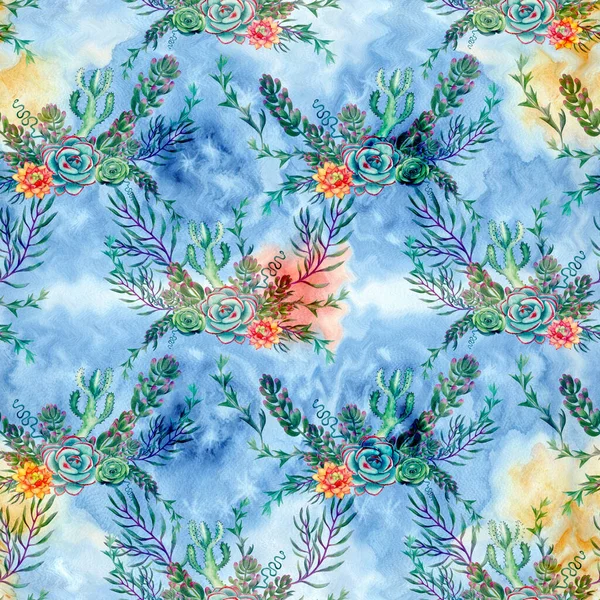 Succulents Decorative Composition Florarium Seamless Pattern Watercolor Graphics Wallpaper Use — Stockfoto