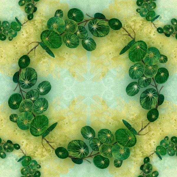 水彩画 丸みを帯びた緑色の葉を持つ枝 水彩を背景にした円形の構図 シームレスなパターン 印刷材料を使用し ウェブサイト ポスター チラシ スクラブブッキング上の印刷 — ストック写真