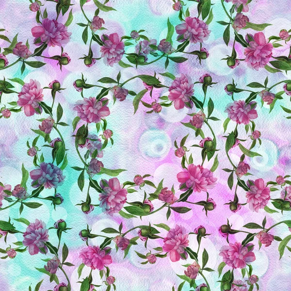 Acquerello Fiori Gemme Una Peonia Rosa Collage Fiori Foglie Boccioli — Foto Stock