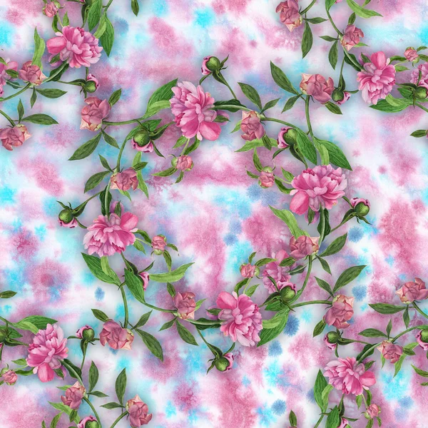 Watercolor. Flowers and buds of a pink peony. Collage of flowers, leaves and buds on a watercolor background. Decorative composition on a watercolor background. Seamless pattern.